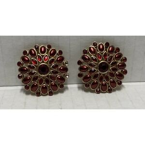 Earrings Vintage Ruby Red multiple stones beads Gold‎ tone Clip on studs round
